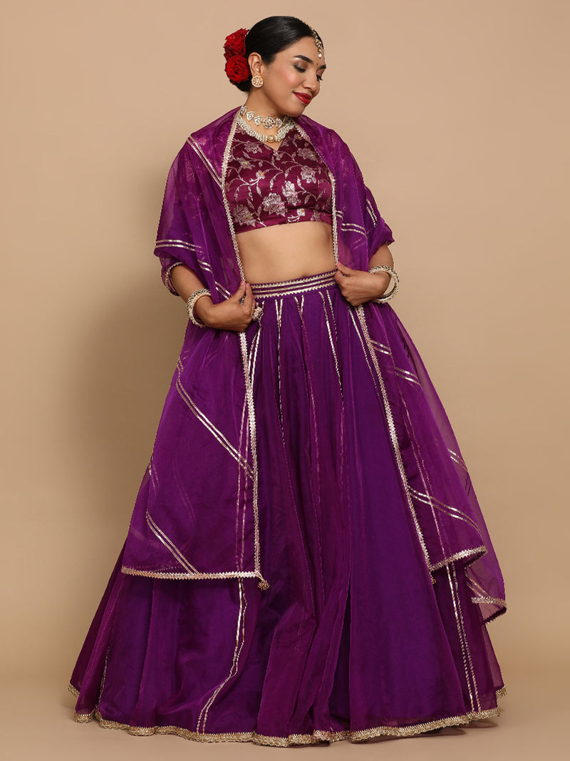 Vani x Tyohaar | Elbow Sleeves Satin Viscose Saree Blouse in Violet Meenakari Fabric-Binks