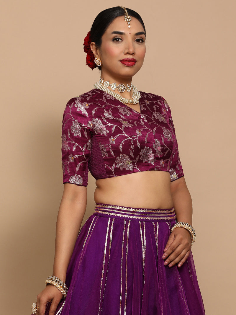 Vani x Tyohaar | Elbow Sleeves Satin Viscose Saree Blouse in Violet Meenakari Fabric-Binks