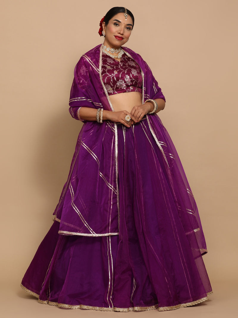 Vani x Tyohaar | Elbow Sleeves Satin Viscose Saree Blouse in Violet Meenakari Fabric-Binks