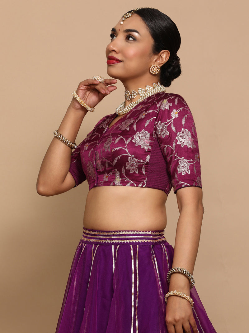 Vani x Tyohaar | Elbow Sleeves Satin Viscose Saree Blouse in Violet Meenakari Fabric-Binks