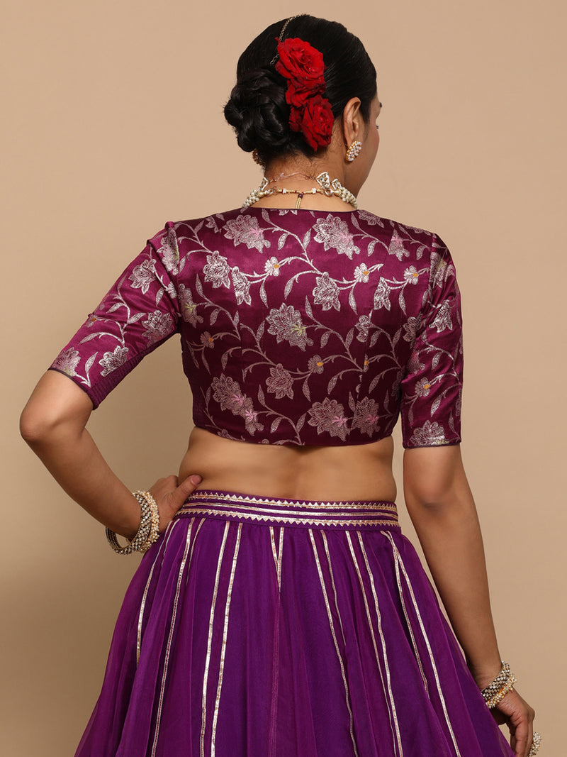 Vani x Tyohaar | Elbow Sleeves Satin Viscose Saree Blouse in Violet Meenakari Fabric-Binks