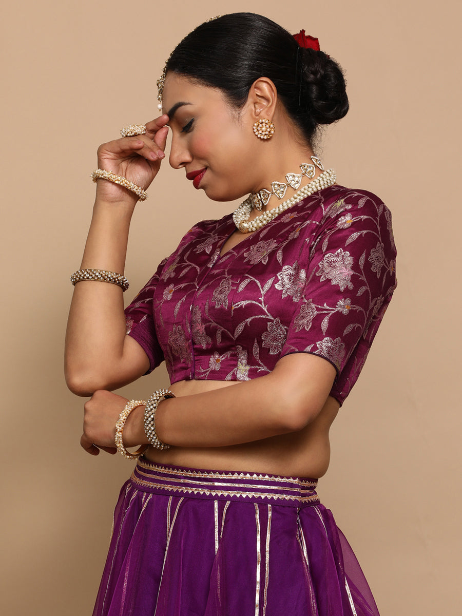 Vani x Tyohaar Saree Blouse, in Purple Embroidery & Brocade, featuring elbow sleeves and v-neckline (view 6).