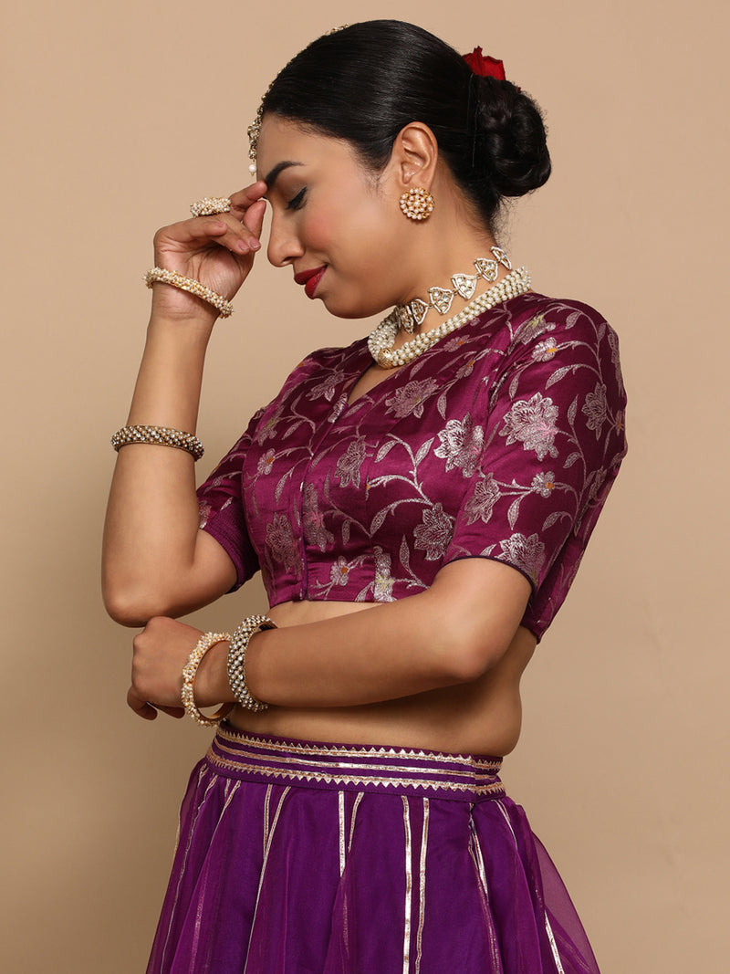 Vani x Tyohaar | Elbow Sleeves Satin Viscose Saree Blouse in Violet Meenakari Fabric-Binks