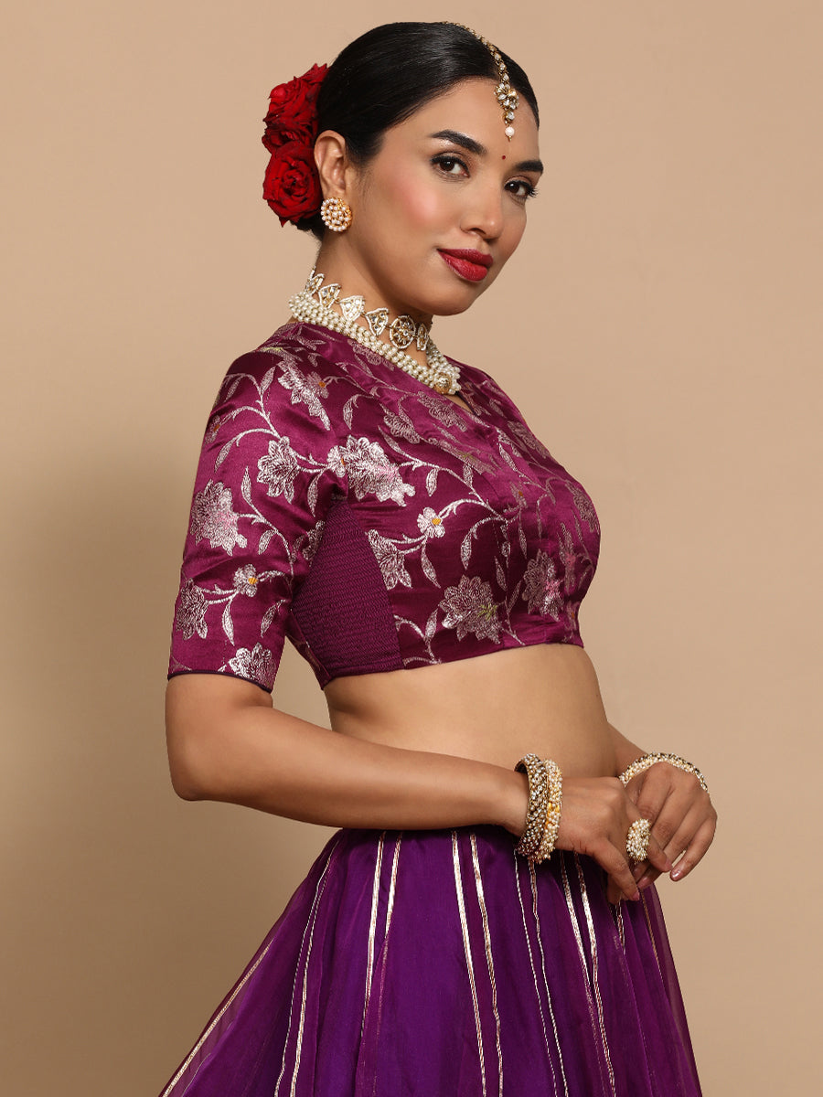 Vani x Tyohaar Saree Blouse, in Purple Embroidery & Brocade, featuring elbow sleeves and v-neckline (view 7).