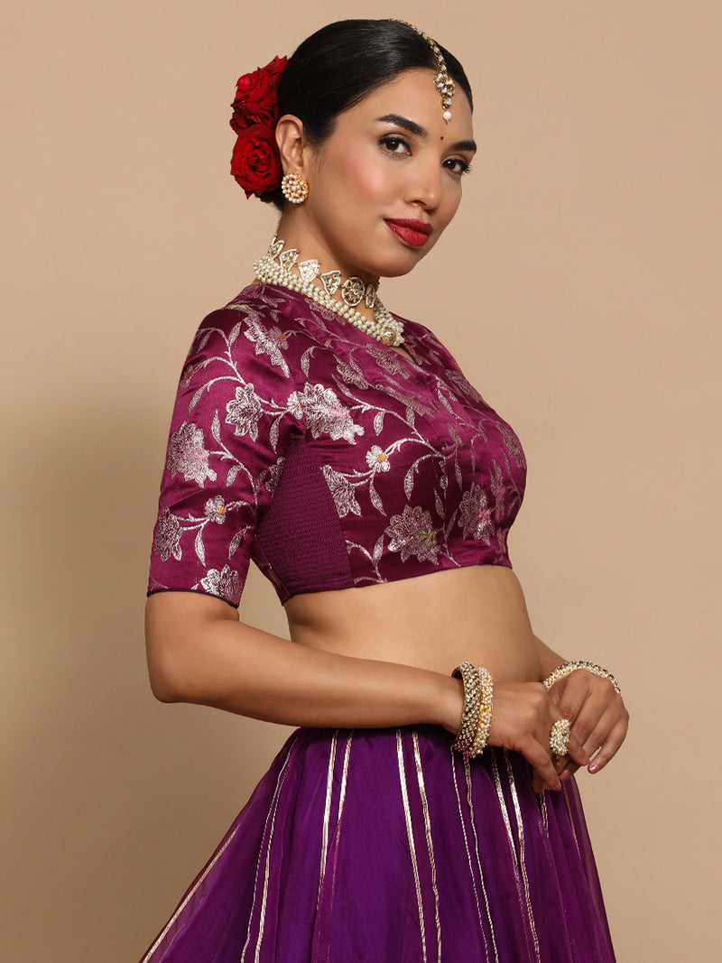 Vani x Tyohaar | Elbow Sleeves Satin Viscose Saree Blouse in Violet Meenakari Fabric-Binks