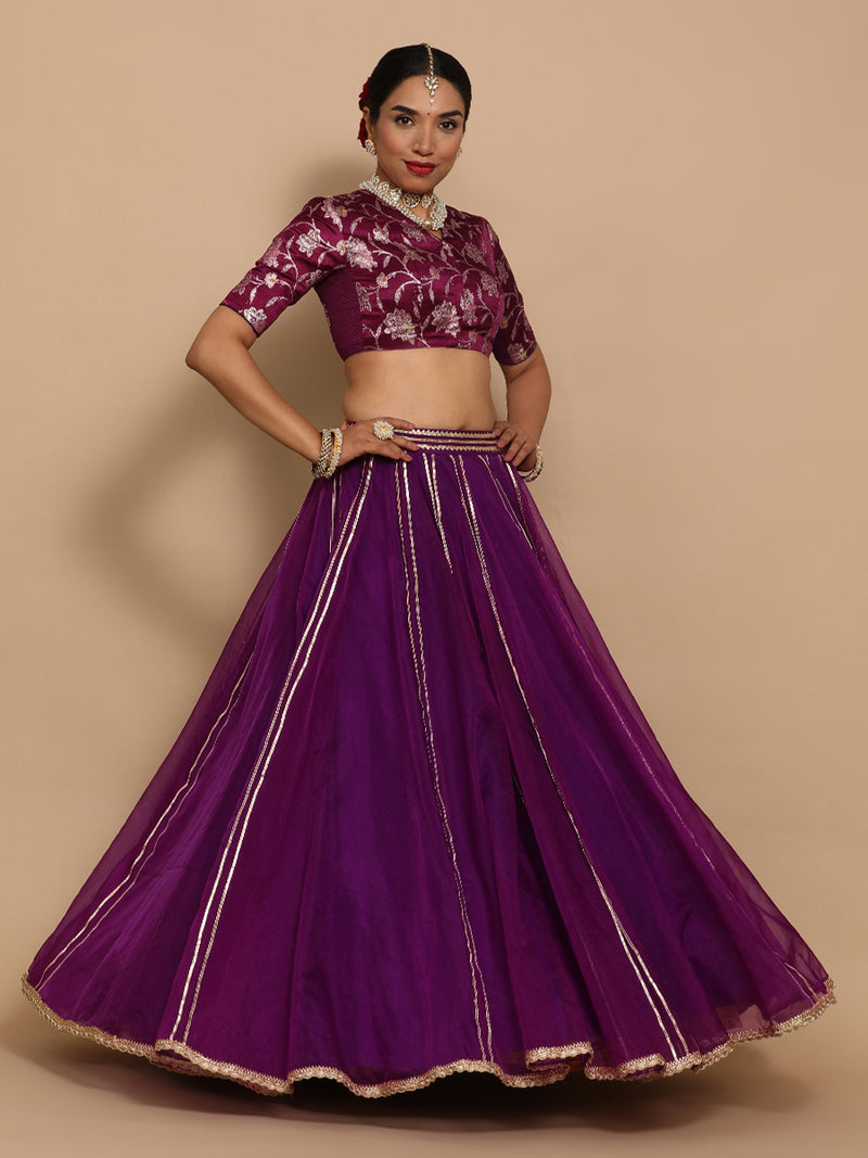 Vani x Tyohaar | Elbow Sleeves Satin Viscose Saree Blouse in Violet Meenakari Fabric-Binks