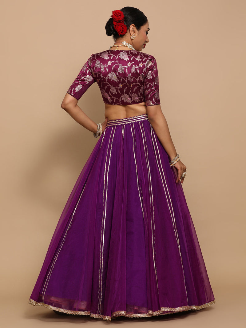 Vani x Tyohaar | Elbow Sleeves Satin Viscose Saree Blouse in Violet Meenakari Fabric-Binks