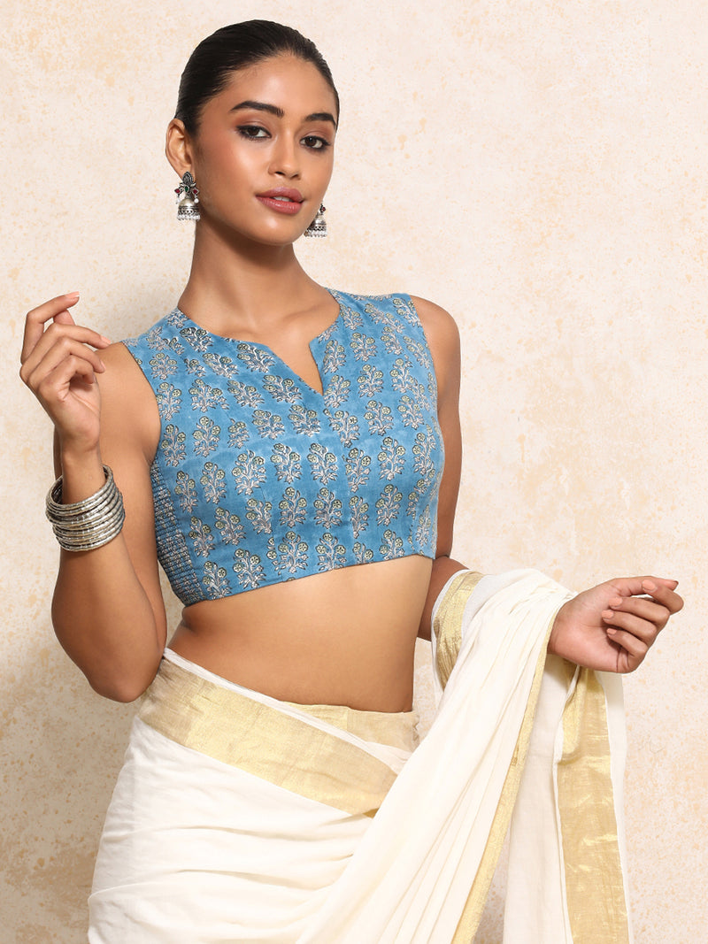 Varnika x Rozaana | Sleeveless Saree Blouse in Blue Garden Block Print Cotton-Binks