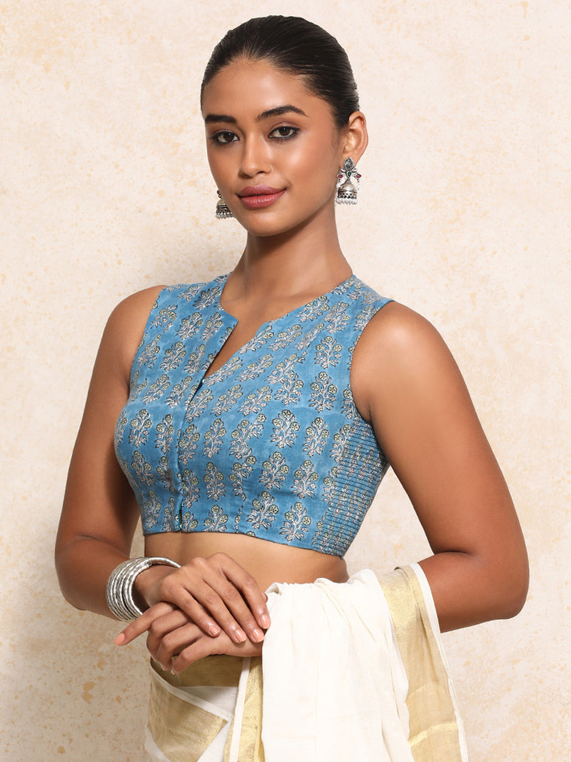 Varnika x Rozaana | Sleeveless Saree Blouse in Blue Garden Block Print Cotton-Binks