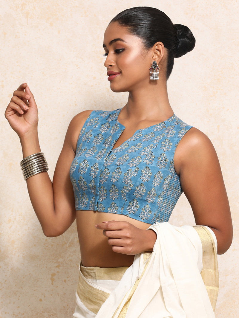 Varnika x Rozaana | Sleeveless Saree Blouse in Blue Garden Block Print Cotton-Binks