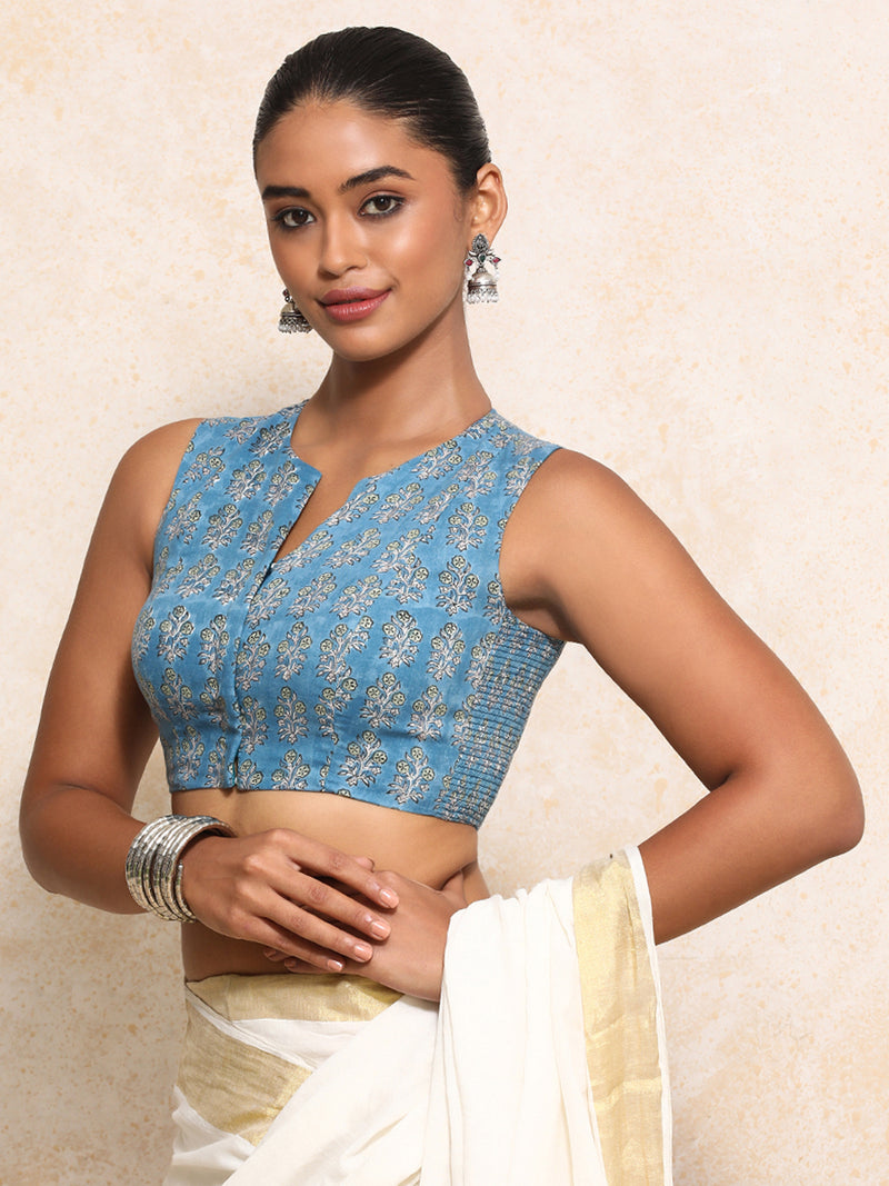 Varnika x Rozaana | Sleeveless Saree Blouse in Blue Garden Block Print Cotton-Binks