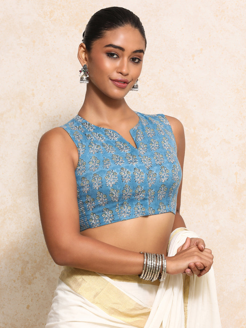 Varnika x Rozaana | Sleeveless Saree Blouse in Blue Garden Block Print Cotton-Binks