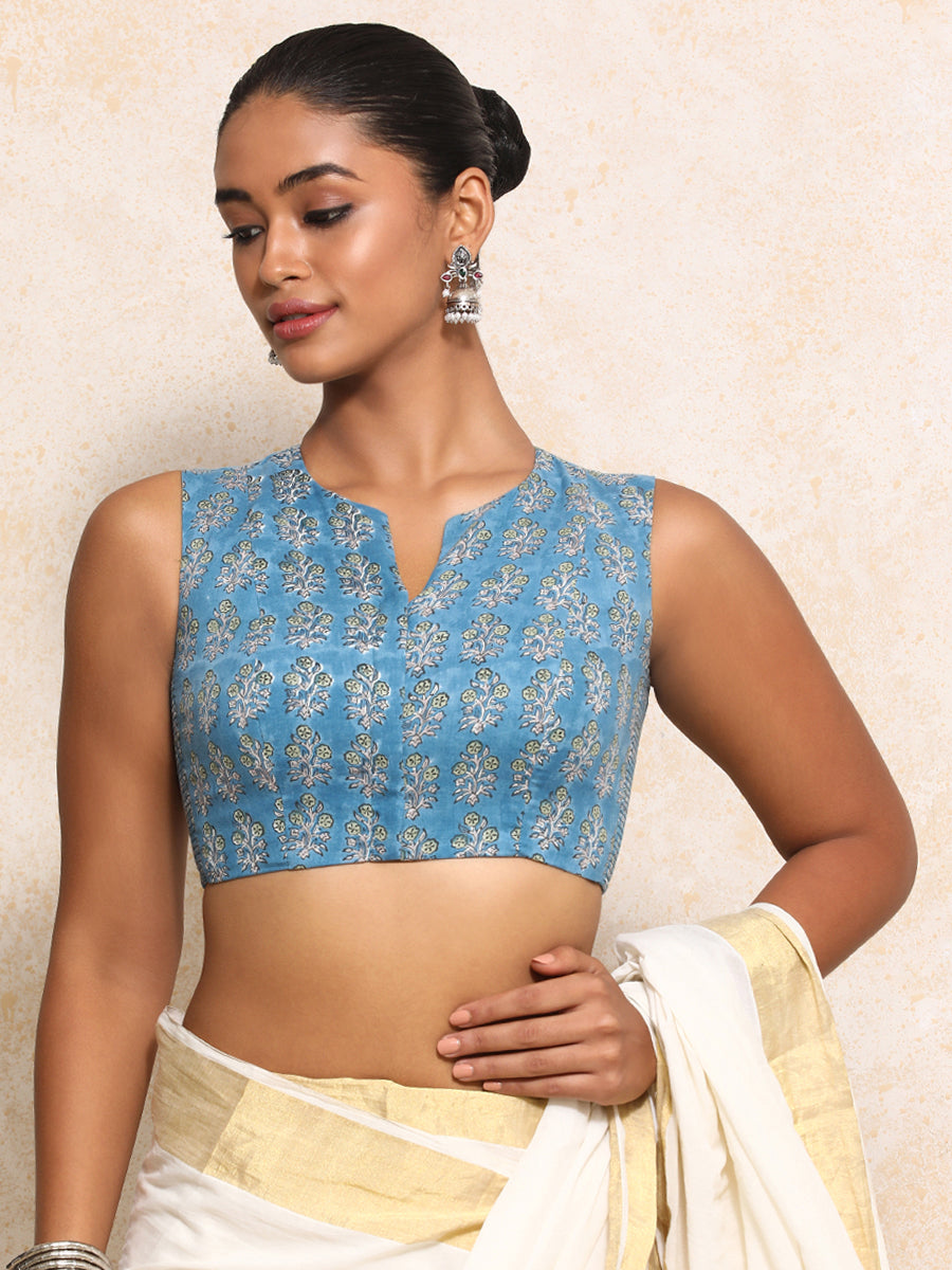 Varnika x Rozaana Saree Blouse, in Blue 100% Cotton - Block Printed, featuring sleeveless and jewel neckline (view 5).