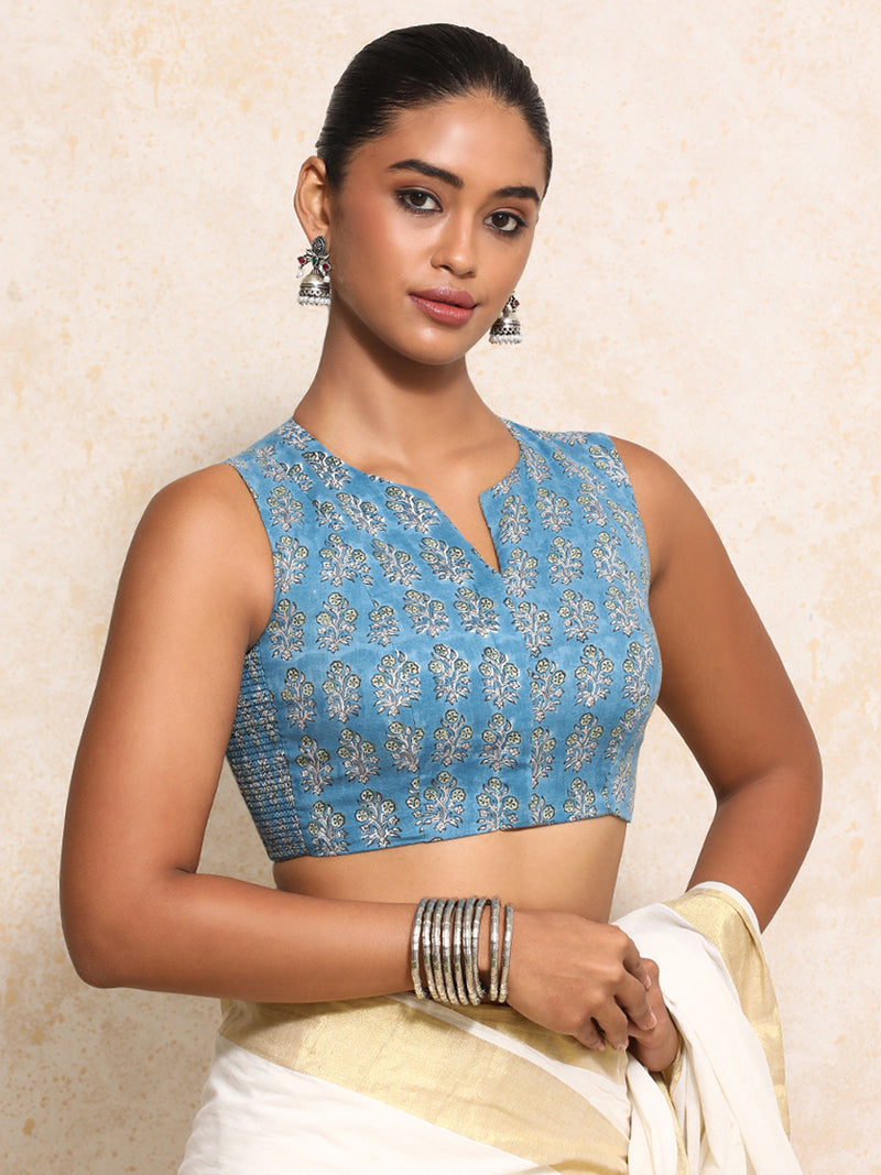 Varnika x Rozaana | Sleeveless Saree Blouse in Blue Garden Block Print Cotton-Binks