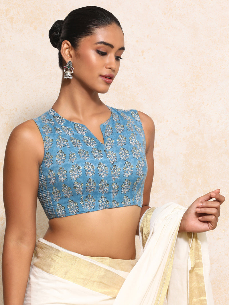 Varnika x Rozaana | Sleeveless Saree Blouse in Blue Garden Block Print Cotton-Binks