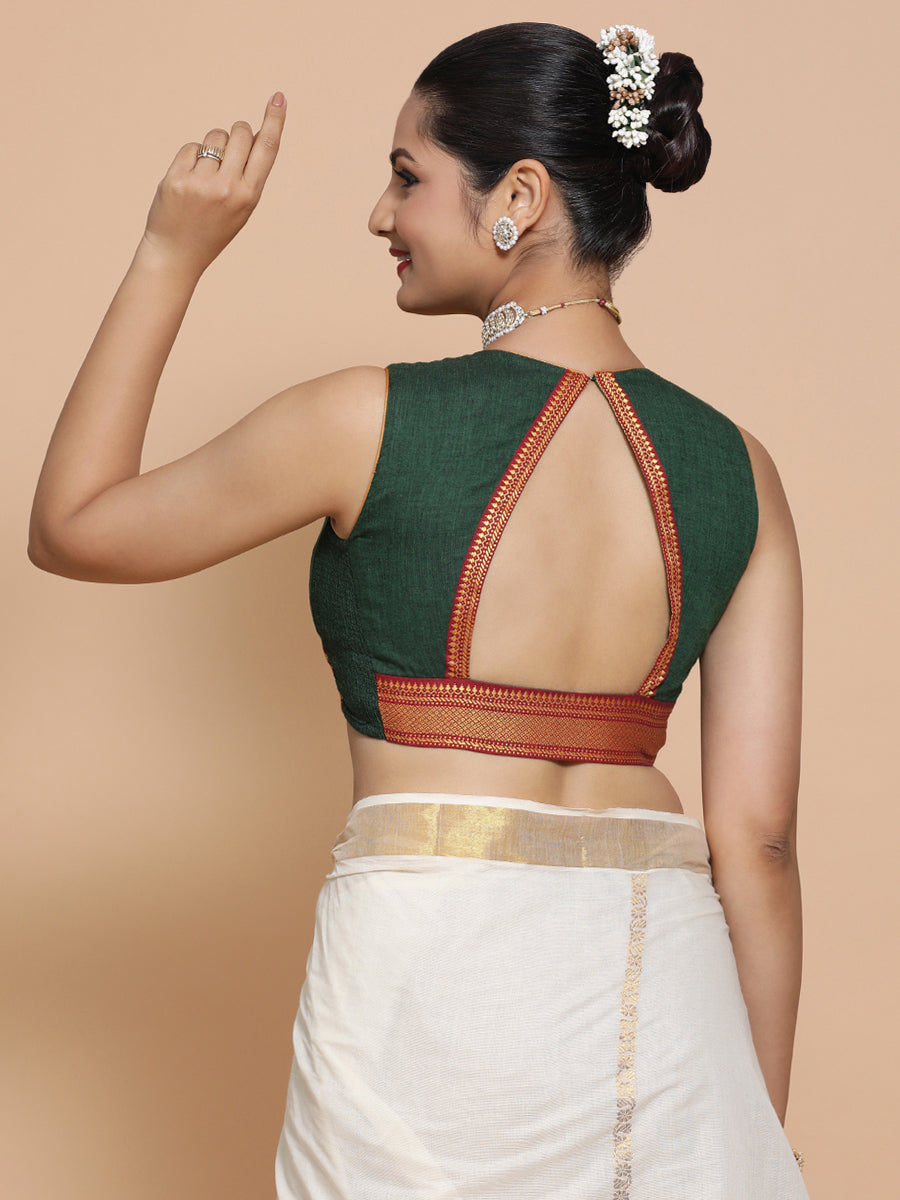 Varsha x Tyohaar Saree Blouse, in Green Cotton, featuring sleeveless, made for party & festive (view 6).