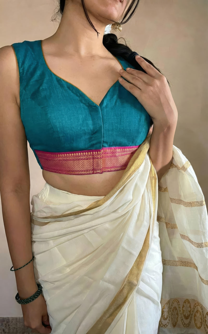 Varsha x Tyohaar | Sleeveless Cerulean Blue Mangalgiri Cotton Saree Blouse-Binks
