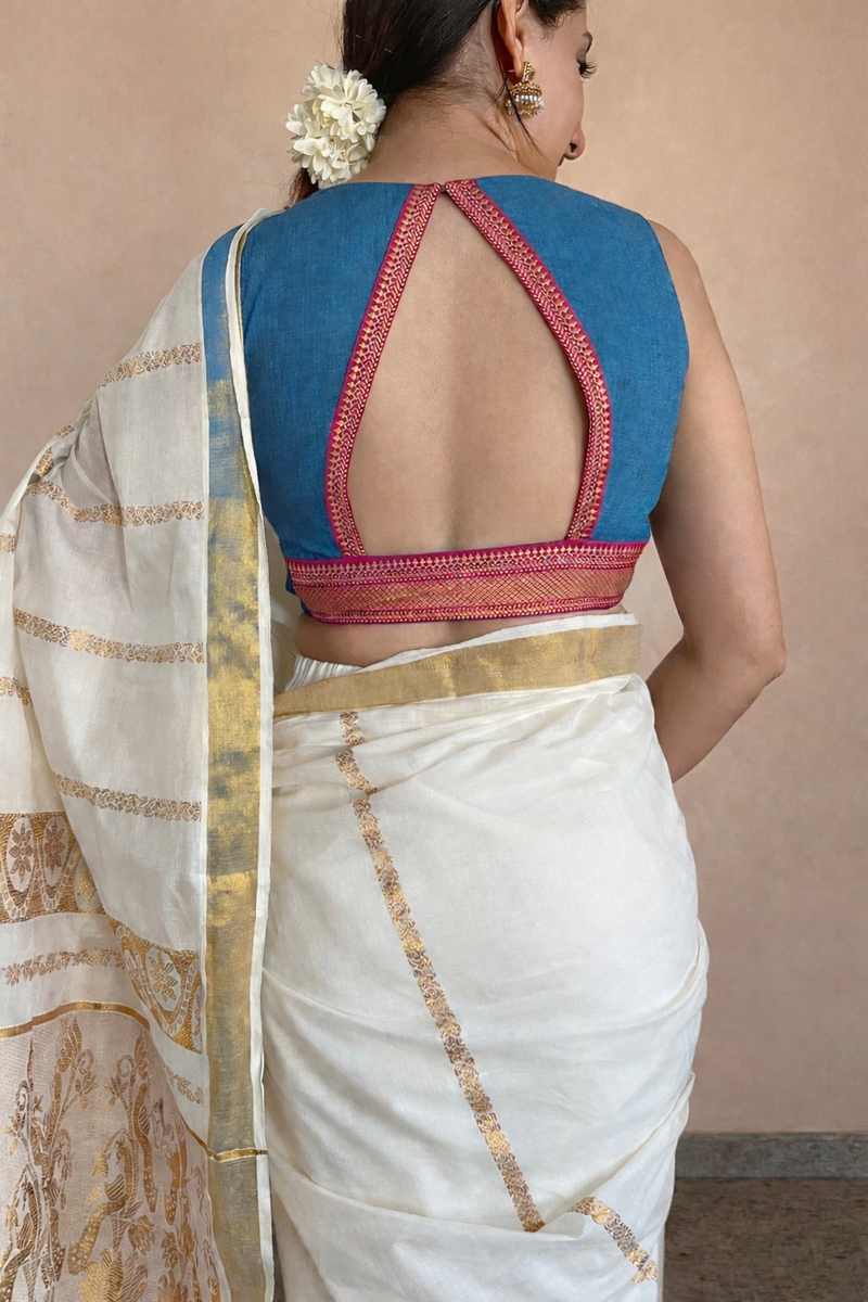 Varsha x Tyohaar | Sleeveless Cerulean Blue Mangalgiri Cotton Saree Blouse-Binks