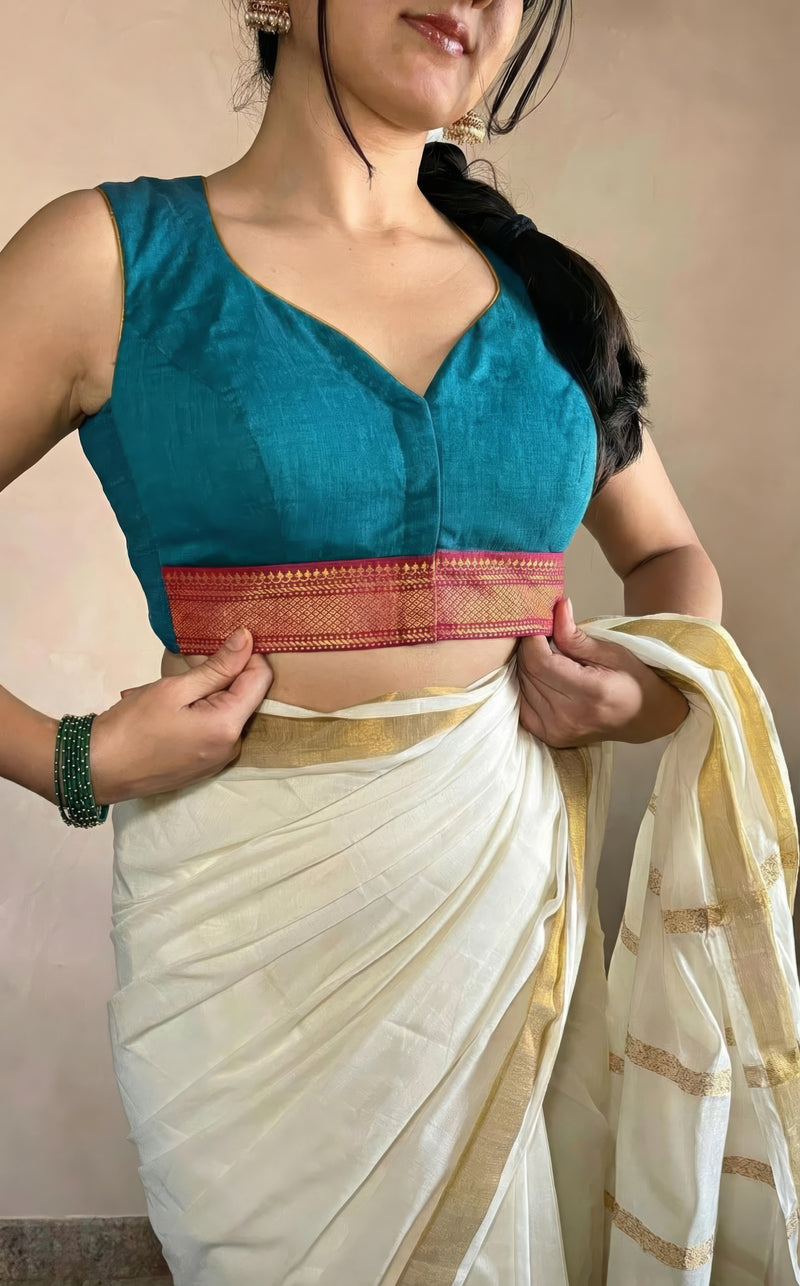 Varsha x Tyohaar | Sleeveless Cerulean Blue Mangalgiri Cotton Saree Blouse-Binks