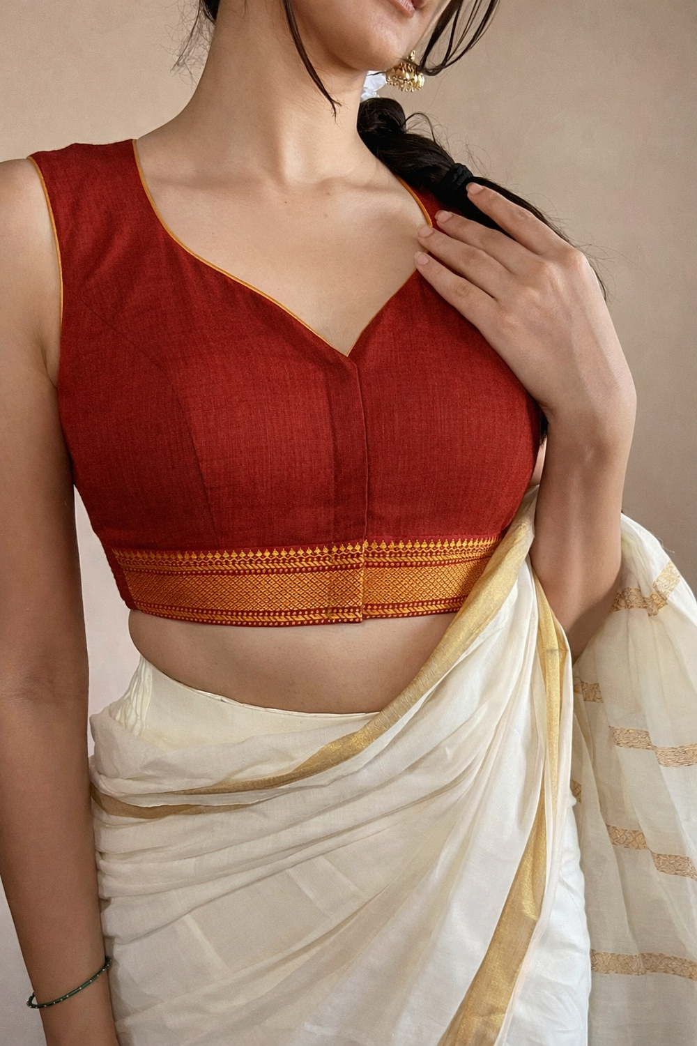 Varsha x Tyohaar | Sleeveless Chilli Red Mangalgiri Cotton Saree Blouse