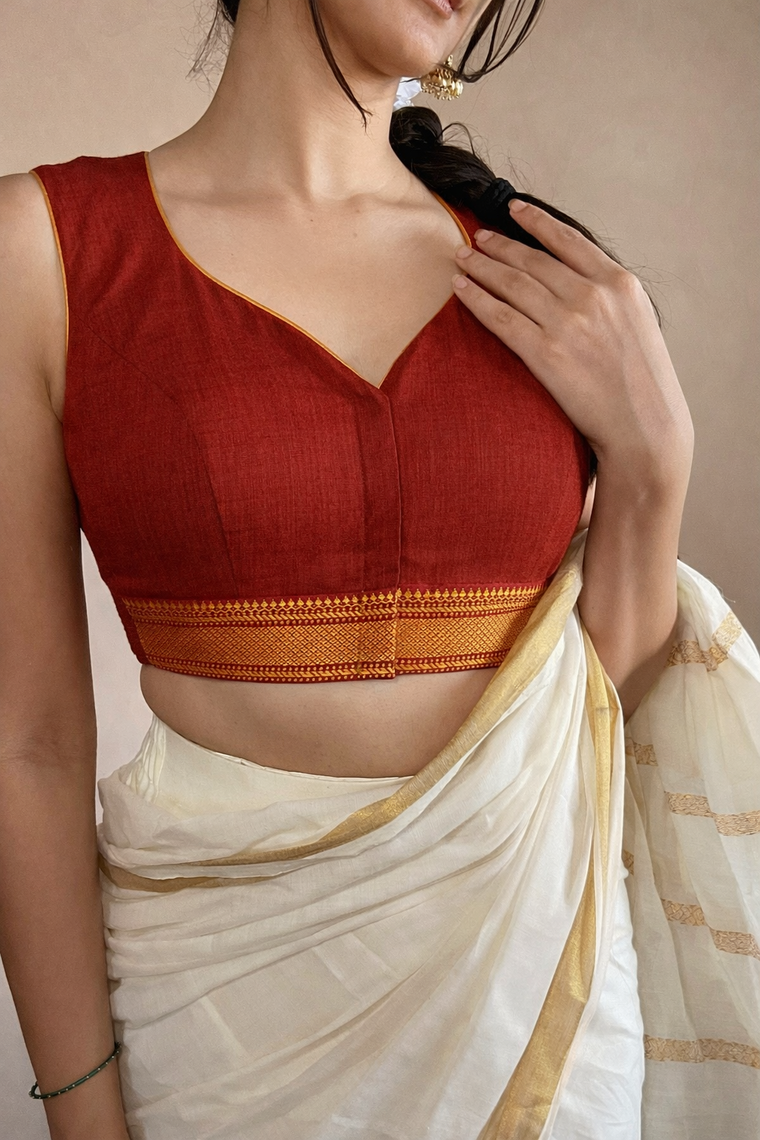 Varsha x Tyohaar Saree Blouse, in Red 100% Cotton - Mangalgiri, featuring sleeveless and sweetheart neckline.