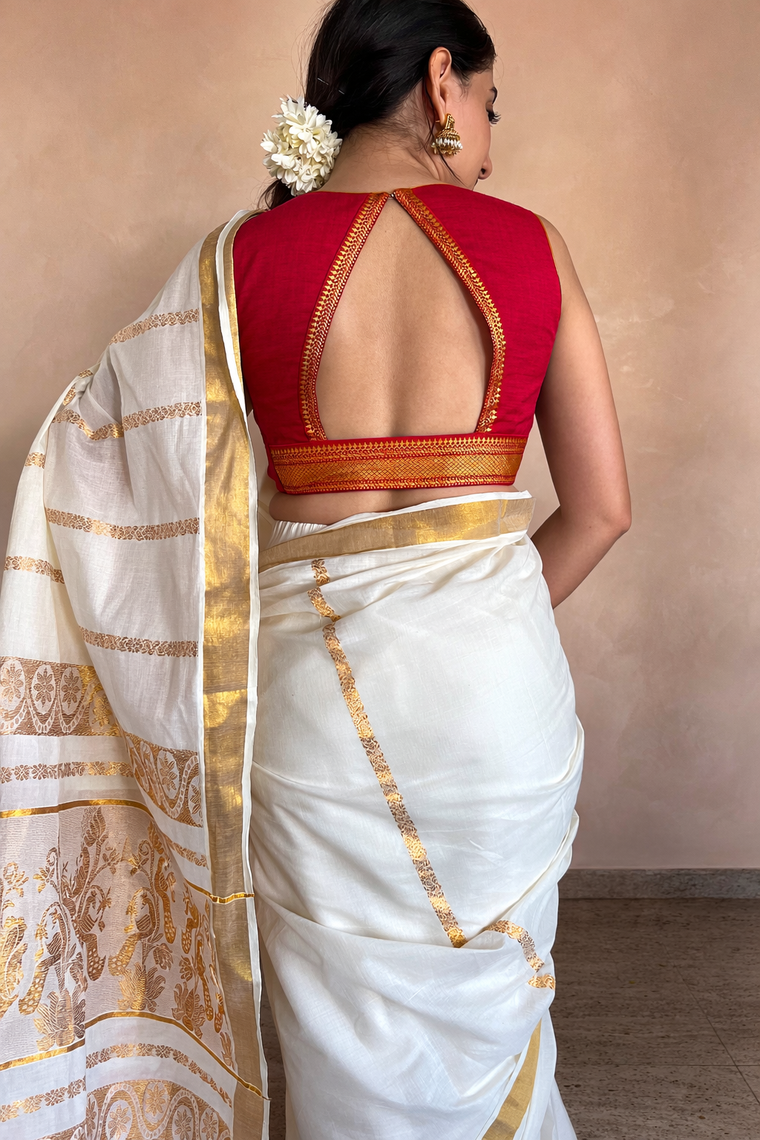 Varsha x Tyohaar Saree Blouse, in Red 100% Cotton - Mangalgiri, featuring sleeveless and sweetheart neckline (view 2).