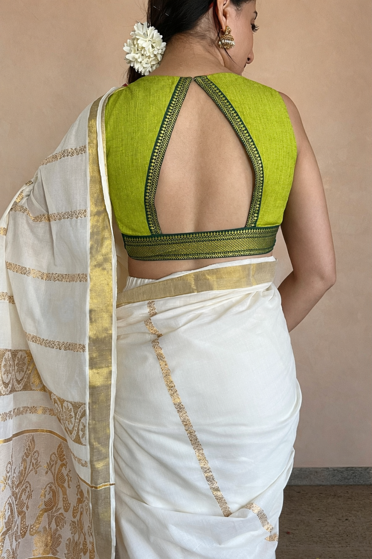 Varsha x Tyohaar Saree Blouse, in Green 100% Cotton - Mangalgiri, featuring sleeveless and sweetheart neckline (view 2).