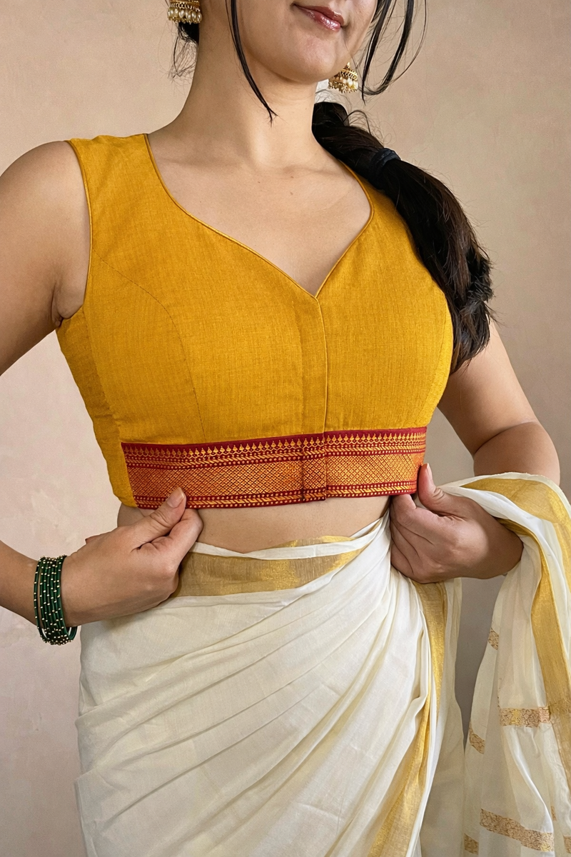 Varsha x Tyohaar | Sleeveless Turmeric Yellow Mangalgiri Cotton Saree Blouse-Binks