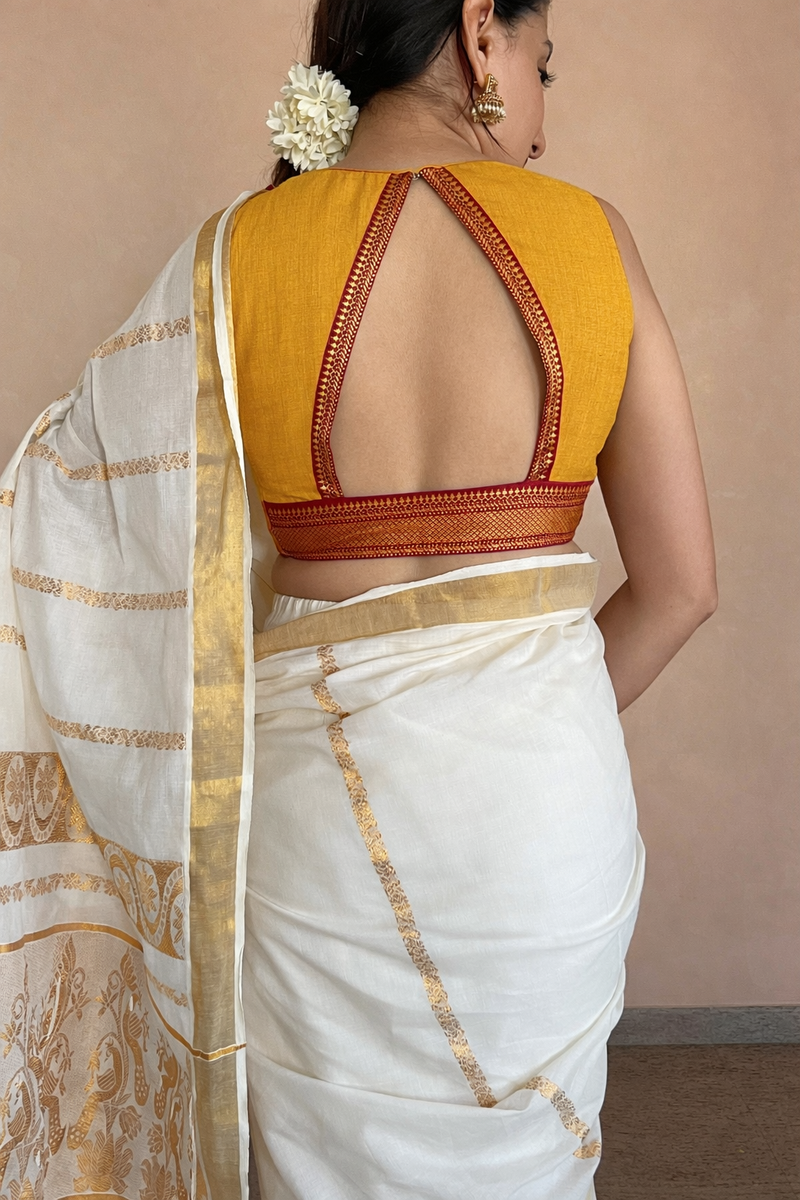 Varsha x Tyohaar | Sleeveless Turmeric Yellow Mangalgiri Cotton Saree Blouse-Binks