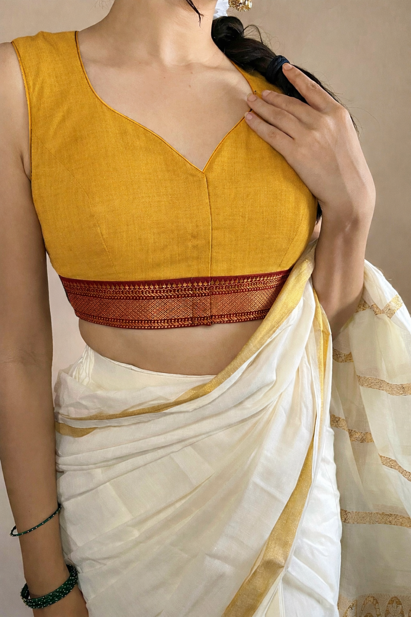 Varsha x Tyohaar | Sleeveless Turmeric Yellow Mangalgiri Cotton Saree Blouse-Binks