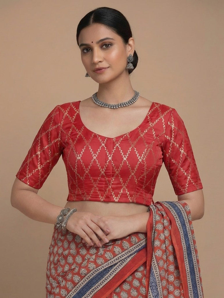 Vartika x Tyohaar | Elbow Sleeves Berry Red Viscose Silk Brocade Saree Blouse-Binks