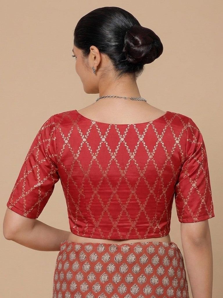 Vartika x Tyohaar | Elbow Sleeves Berry Red Viscose Silk Brocade Saree Blouse-Binks