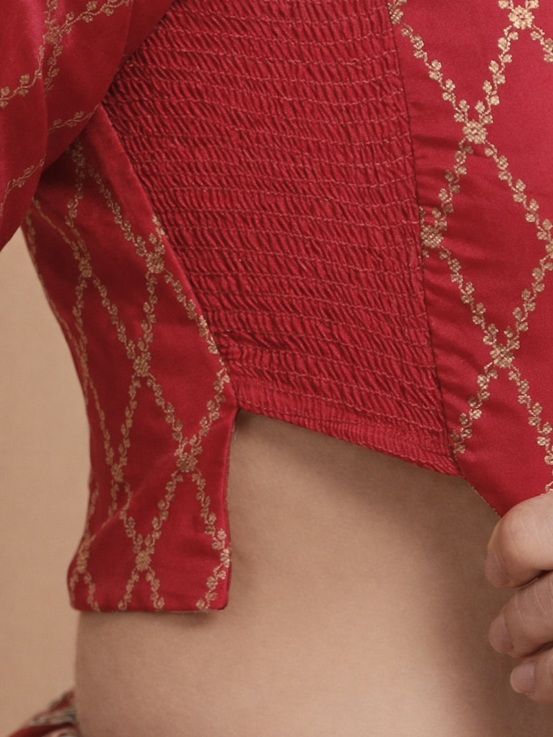 Vartika x Tyohaar | Elbow Sleeves Berry Red Viscose Silk Brocade Saree Blouse-Binks