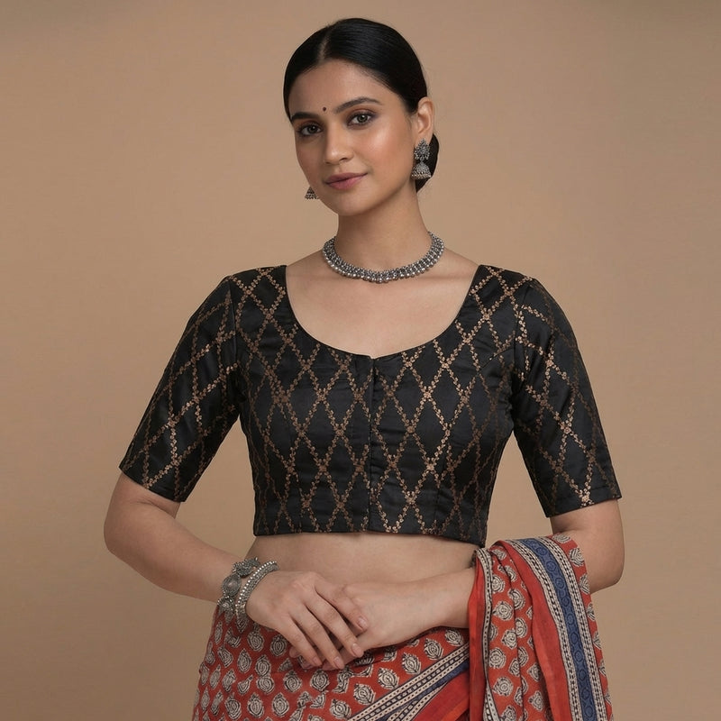 Vartika x Tyohaar | Elbow Sleeves Cosmic Black Viscose Silk Brocade Saree Blouse-Binks