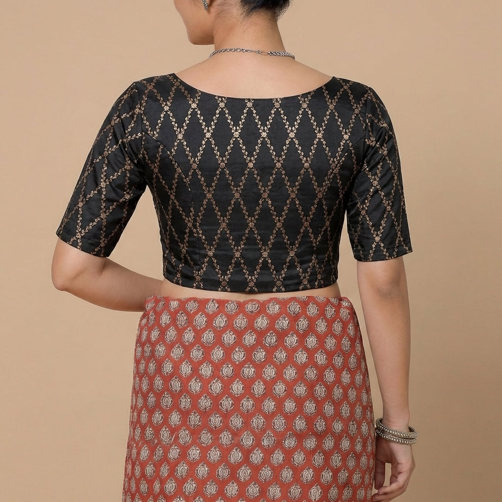 Vartika x Tyohaar Saree Blouse, in Black Viscose Silk Brocade, featuring elbow sleeves and round neckline (view 2).