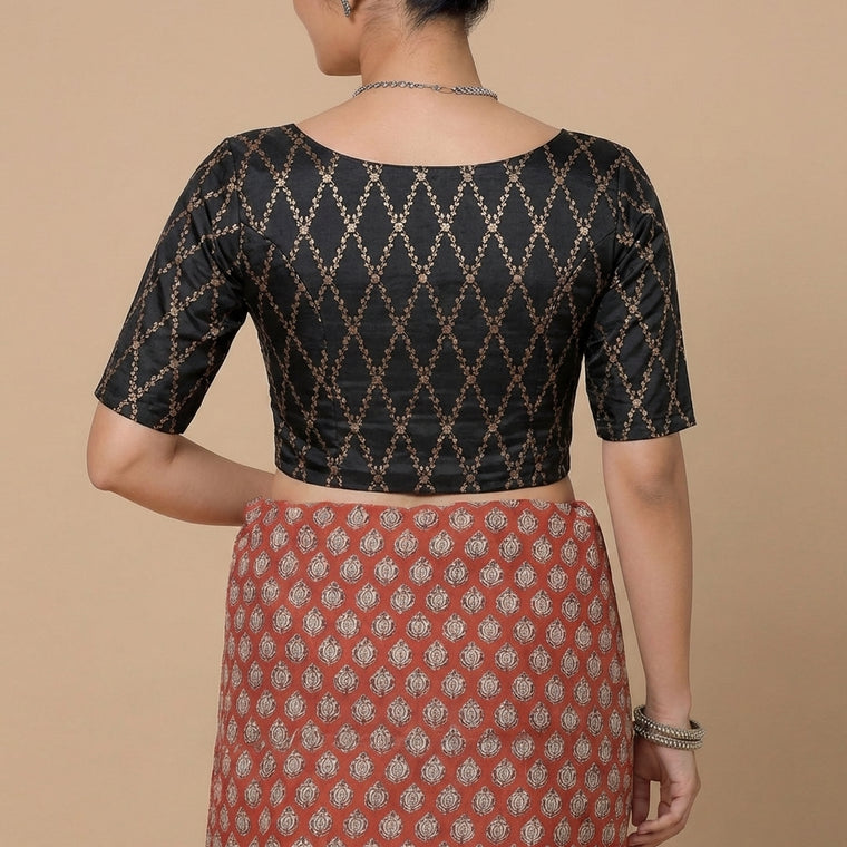 Vartika x Tyohaar Saree Blouse, in Black Viscose Silk Brocade, featuring elbow sleeves and round neckline (view 2).