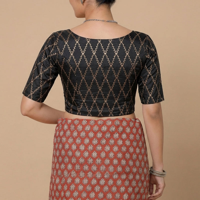 Vartika x Tyohaar | Elbow Sleeves Cosmic Black Viscose Silk Brocade Saree Blouse-Binks