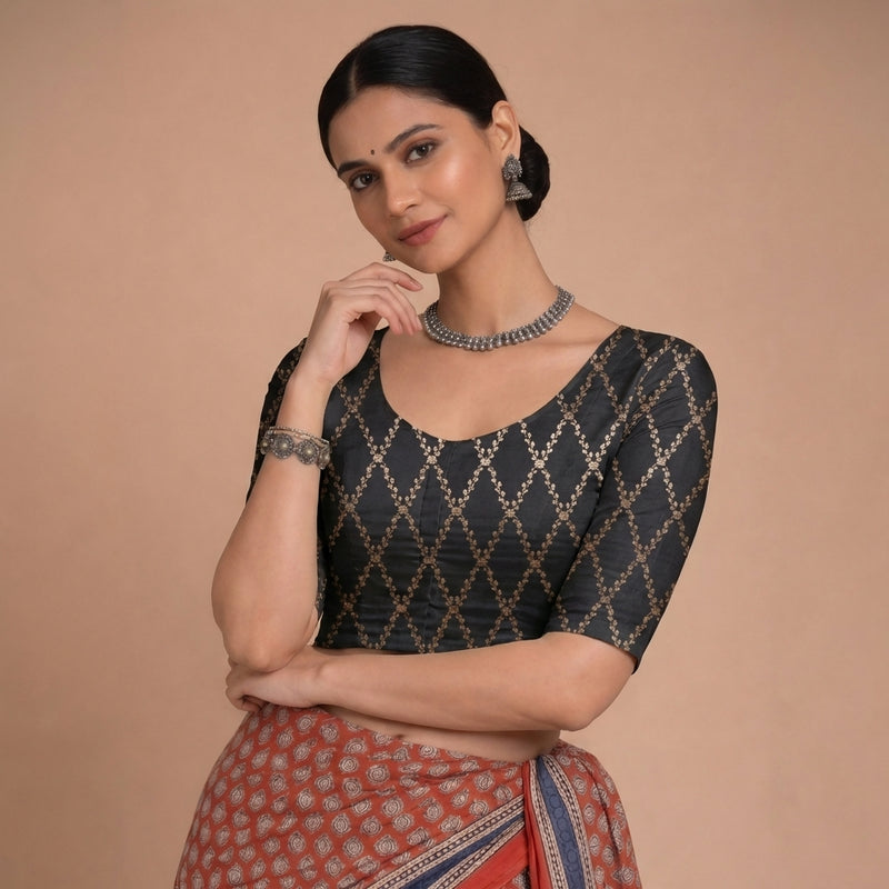 Vartika x Tyohaar | Elbow Sleeves Cosmic Black Viscose Silk Brocade Saree Blouse-Binks