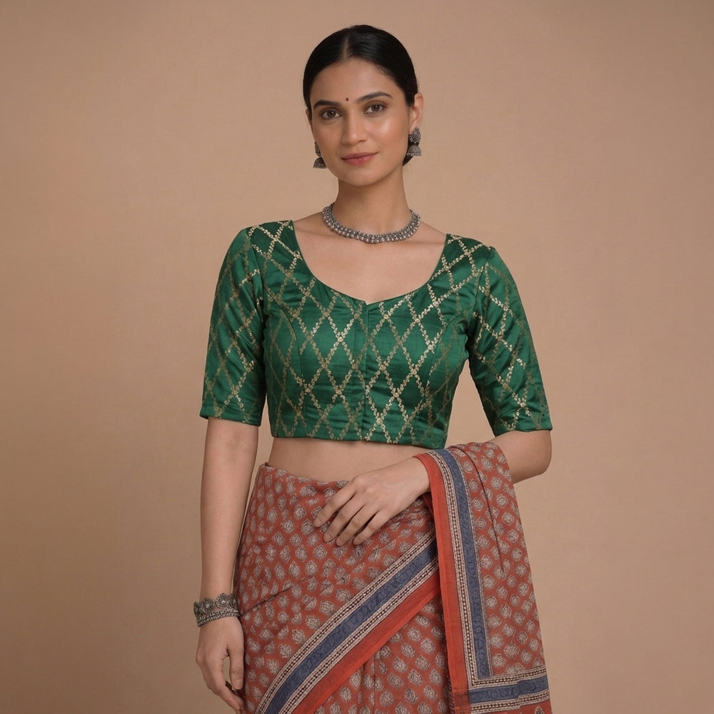 Vartika x Tyohaar | Elbow Sleeves Dark Green Viscose Silk Brocade Saree Blouse