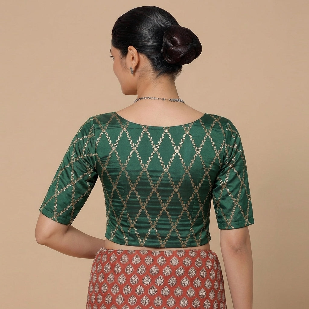 Vartika x Tyohaar Saree Blouse, in Green Viscose Silk Brocade, featuring elbow sleeves and round neckline (view 2).
