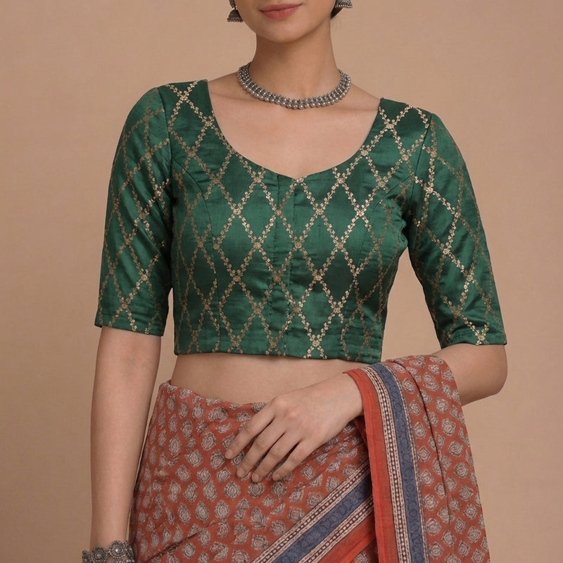 Vartika x Tyohaar | Elbow Sleeves Dark Green Viscose Silk Brocade Saree Blouse-Binks