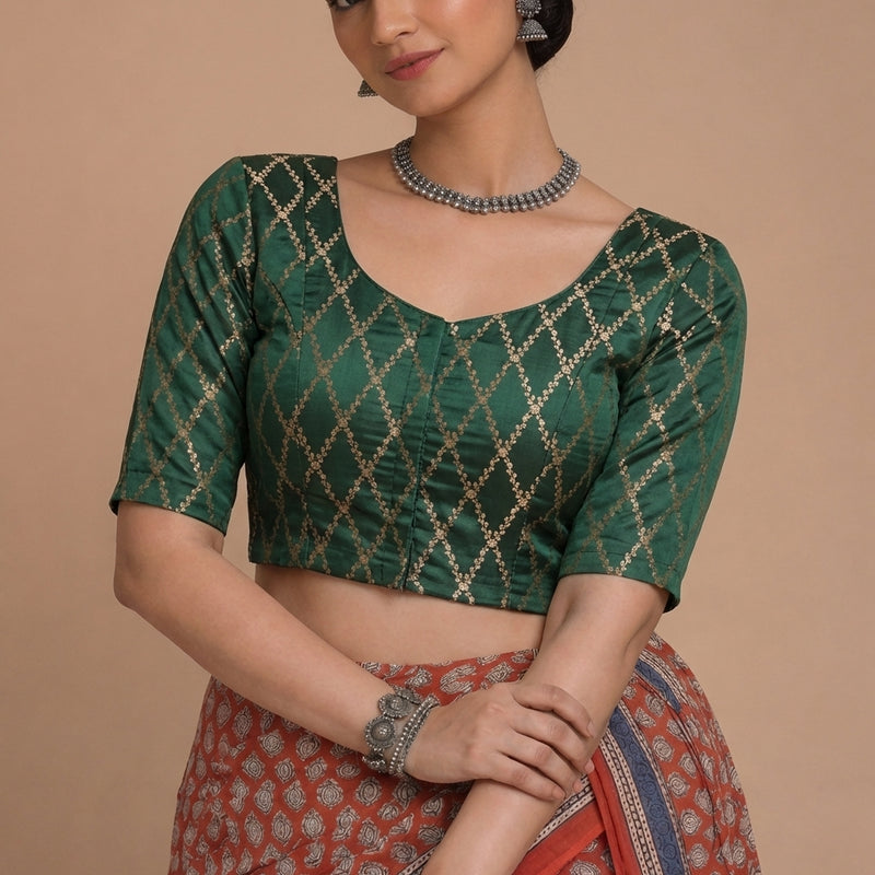 Vartika x Tyohaar | Elbow Sleeves Dark Green Viscose Silk Brocade Saree Blouse-Binks