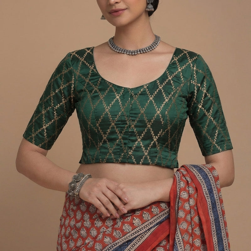 Vartika x Tyohaar | Elbow Sleeves Dark Green Viscose Silk Brocade Saree Blouse-Binks