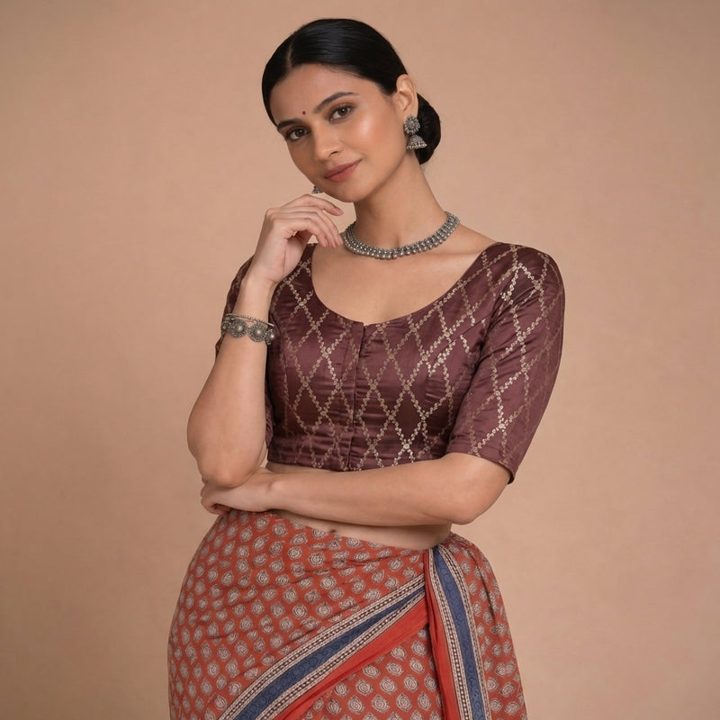 Vartika x Tyohaar | Elbow Sleeves Deep Burgundy Viscose Silk Brocade Saree Blouse-Binks