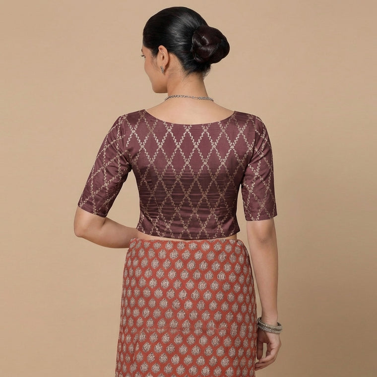 Vartika x Tyohaar Saree Blouse, in Maroon Viscose Silk Brocade, featuring elbow sleeves and round neckline (view 2).