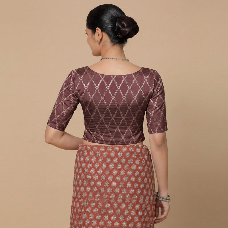 Vartika x Tyohaar | Elbow Sleeves Deep Burgundy Viscose Silk Brocade Saree Blouse-Binks