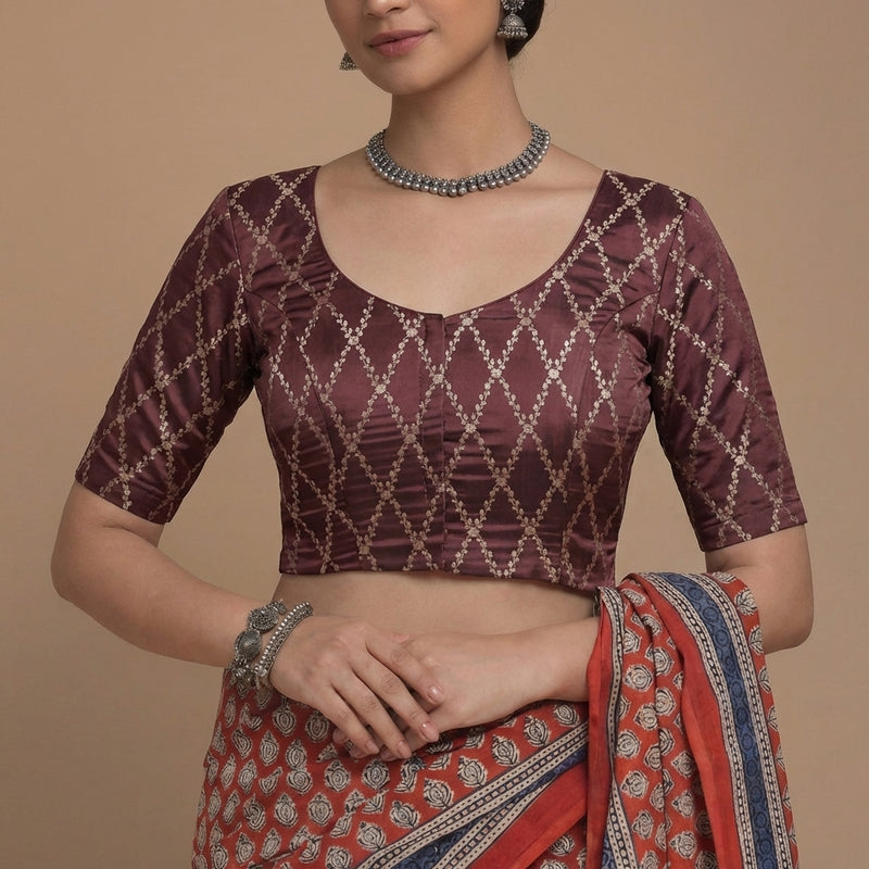 Vartika x Tyohaar | Elbow Sleeves Deep Burgundy Viscose Silk Brocade Saree Blouse-Binks