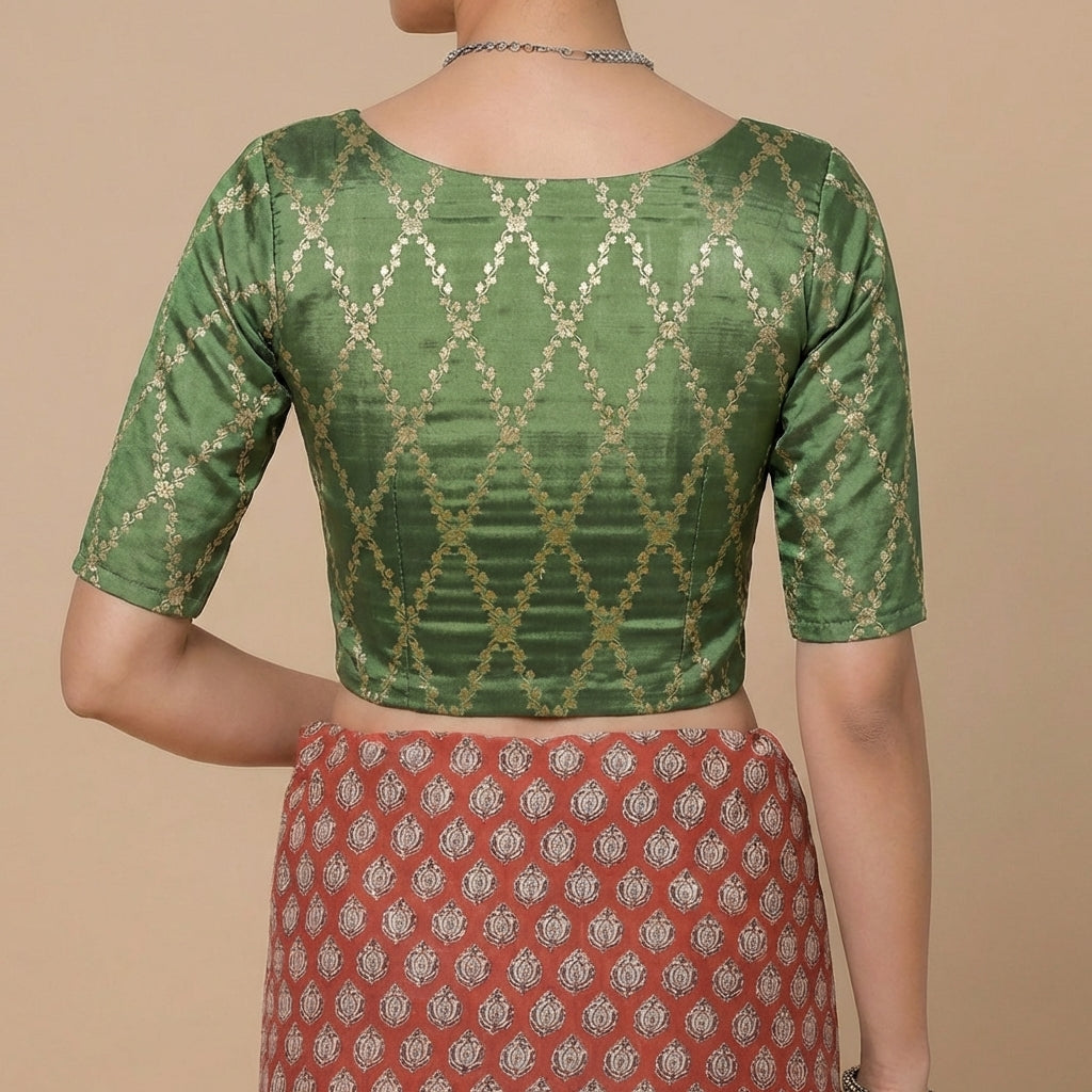 Vartika x Tyohaar Saree Blouse, in Green Viscose Silk Brocade, featuring elbow sleeves and round neckline (view 2).