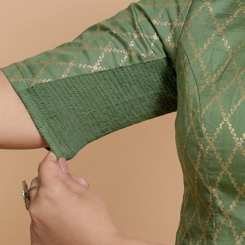 Vartika x Tyohaar | Elbow Sleeves Deep Olive Viscose Silk Brocade Saree Blouse-Binks