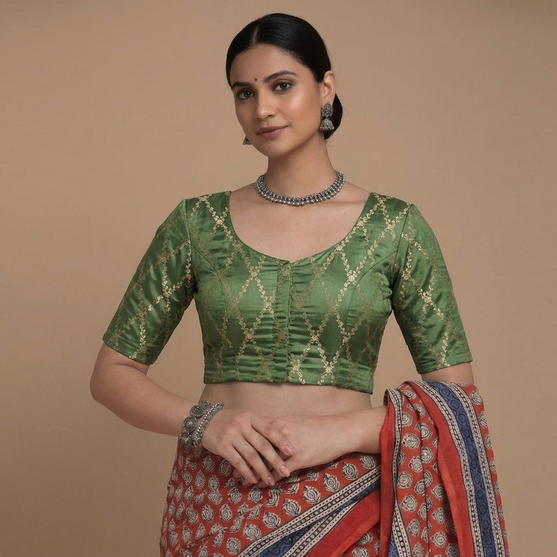 Vartika x Tyohaar | Elbow Sleeves Deep Olive Viscose Silk Brocade Saree Blouse-Binks